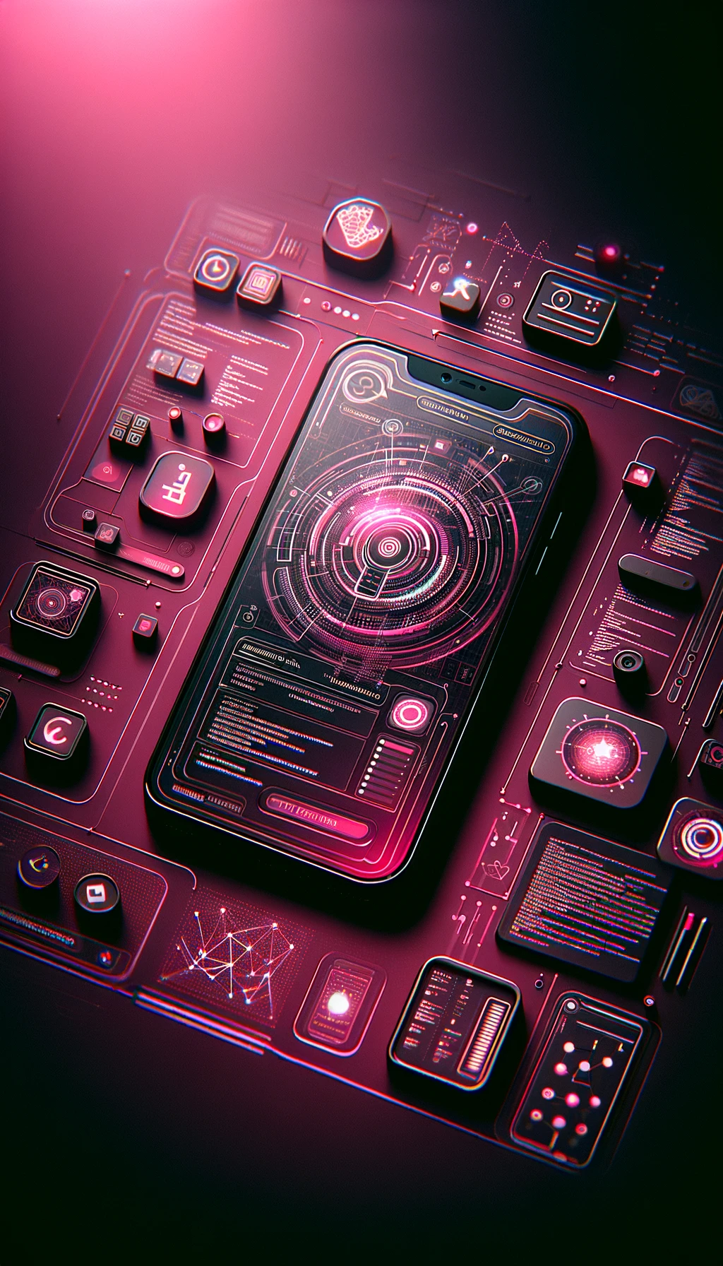 DALL·E 2023-11-24 18.38.13 - A dark pink themed portrait image for an IT agency website, 'Digivibe', focusing on mobile app development. The image should encapsulate the essence o